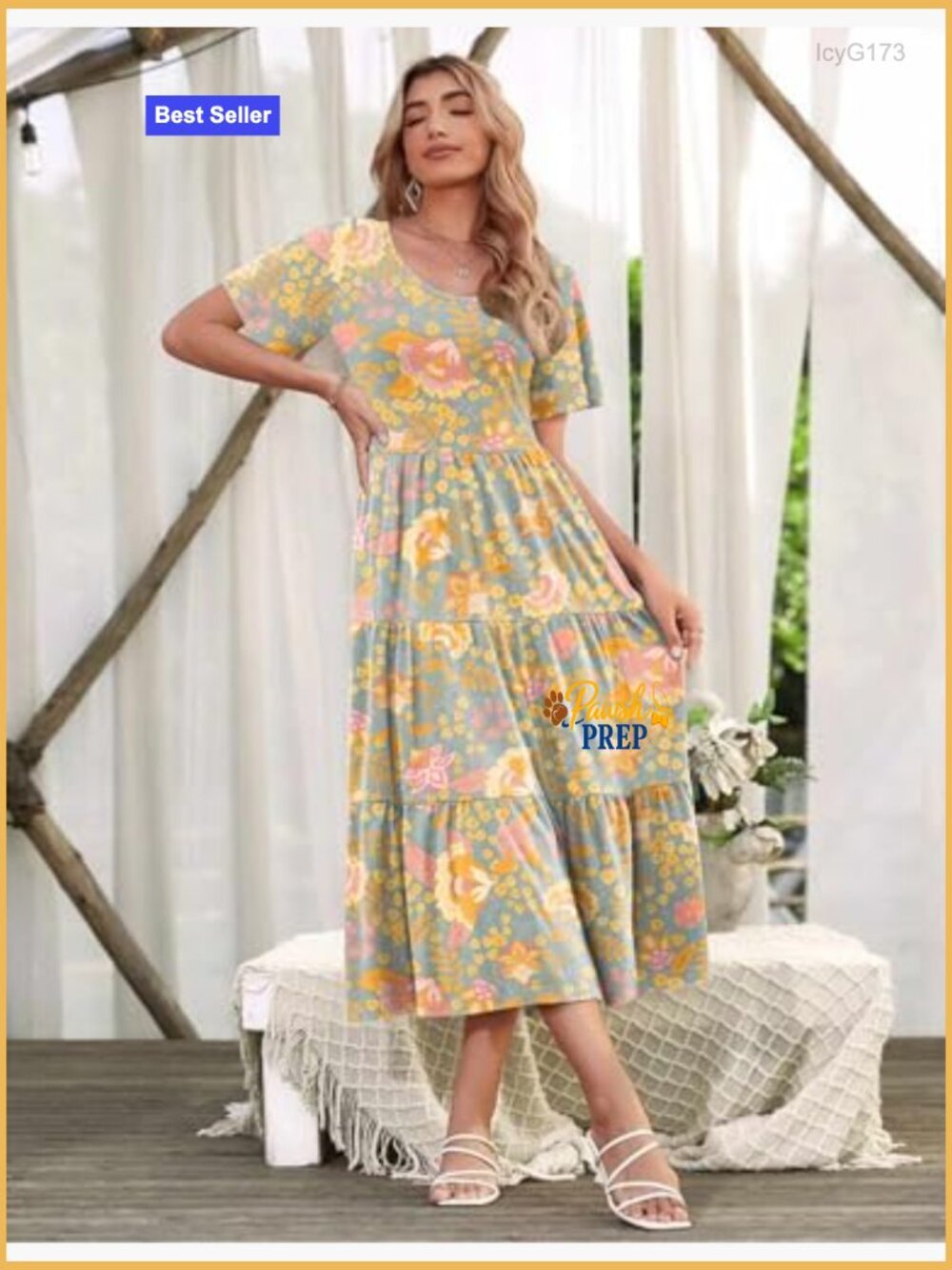 Midi Floral Flutter Sleeve Dress with Pockets Tiered Boho Casual - Picture 4 of 7
